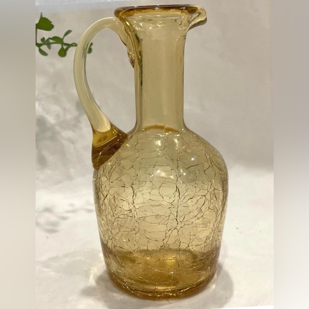 💥3/$50 Vintage Handblown Yellow Crackle Glass Mini Pitcher. Art Glass.
